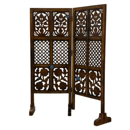 Image of Wooden Room Partition Screen with Burnt Wood Finish | Hand Buffed Traditional Handicraft Room Divider | 6 Ft Height Indoor Room Separator (2 Panel 4 Feet with Stands)