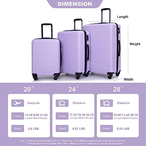 3 Piece Luggage Sets ABS Lightweight Suitcase with Two Hooks, Spinner Wheels, TSA Lock, (20/24/28) Lavender Purple3