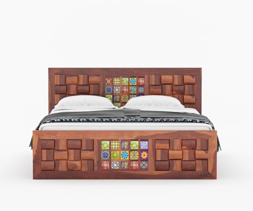 Image of Sheesham Wood Queen Size Bed Without Storage | Wooden Bed Queen Size Double Cot Palang Bed for Bedroom | Niwar Tile Design Headboard Bed for Living Room | Honey Finish
