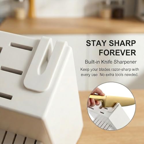 Image of McCook Knife Sets, Golden Titanium Stainless Steel Kitchen Knife Block Sets with Built-in Sharpener,15 Piece Knives, Restaurant Grade Sharp, Elegant Gold & Stylish Wooden Block for Modern Culinary