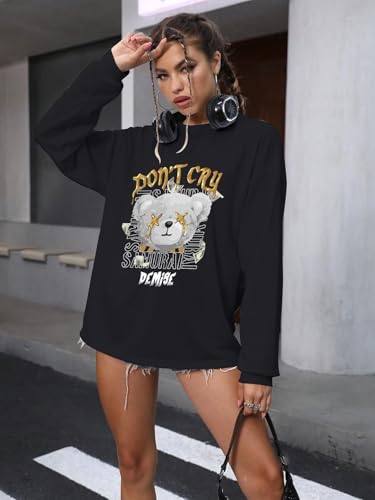 Image of CHKOKKO Oversized Round Neck Drop Shoulder Printed Polyester Full Sleeves T-Shirt for Women