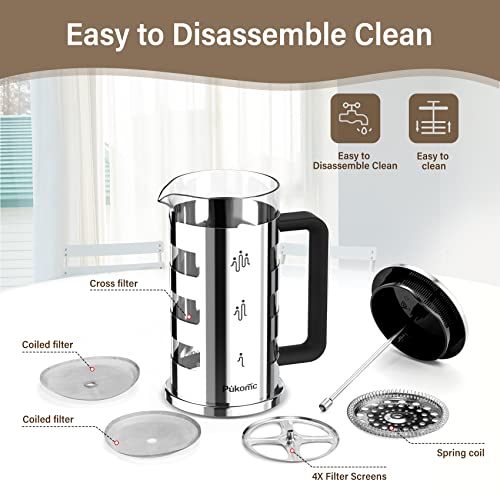 Pukomc French Press Coffee Tea Maker 34 oz, 304 Stainless Steel Glass coffee press with 4 Filters, No Grounds, Removable Heat Resistant Borosilicate Glass