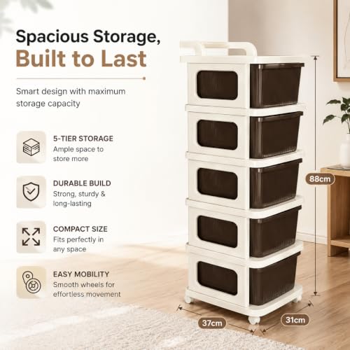 Image of Heavy Duty Plastic Storage Drawer with Wheels | Modular Cabinet for Bedroom, Office, Home or Classroom| Chest of Drawers Organiser for Cosmetics, Kitchen items, Toys (Brown, 5)