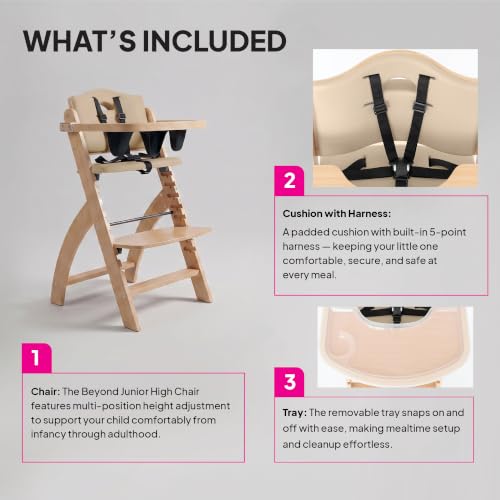 Image of Abiie Beyond Junior Wooden High Chair with Tray - Adjustable and Convertible High Chair for Babies and Toddlers - 6 Months to 250 Lb - Water Resistant - Natural Wood with Beige Cushion