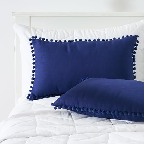 Image of 100% Cotton Pom Pom Cushion Without Filler, Elegant & Modern Cushion Cover for Living Room, Rectangle, 12 inchx20 inch, uni slub, Set of 3 - Navy