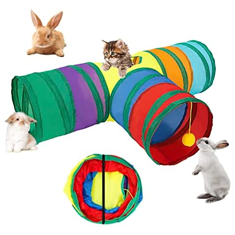 Faltbarer Kaninchentunnel Bunny Tunnels Tube 3 Wege Versteck Interaktiv Regenbogen für Drinnen Draußen Katzen Zwergkaninchen Kaninchen Meerschweinchen Hasen Spielzeug Cover