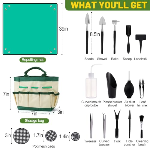 44pcs Small Gardening Tools Gifts for Women Beginners - Garden Hand Tools Set for Indoor Succulent Bonsai Plants Transplanting, Included Bag/Repotting Mat/Shovel/Labels, Green - Thumbnail 6