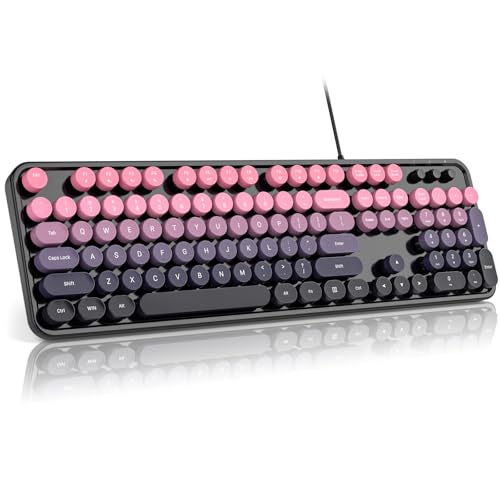 Image of MOFII Computer Keyboard Wired,Round Key Retro Typewriter Keyboard Full Size | USB Plug and Play, for Laptop, PC, Desktop, Windows (Plum Pink Gradient Color)
