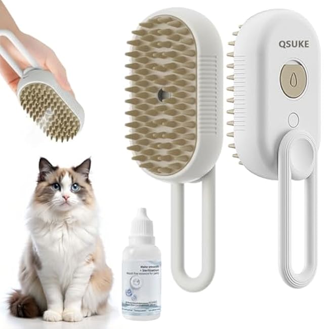 Cat Steam Brush, 3 in 1 Pet Steam Cats Brushes Rechargeable Anti-Static Grooming Brushe, Vibration Massage Cleaning Shedding & Combing Multifunctional Hair Removal Comb for Cats Dog (White)-yZljrTSy