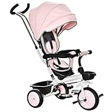 HOMCOM 2 in 1 Kinderdreirad Jogger mit Lenksystem Stange Korb Sonnendach für 1-5 Jahre Samt-Touch Rosa 100 x 48 x 106 cm