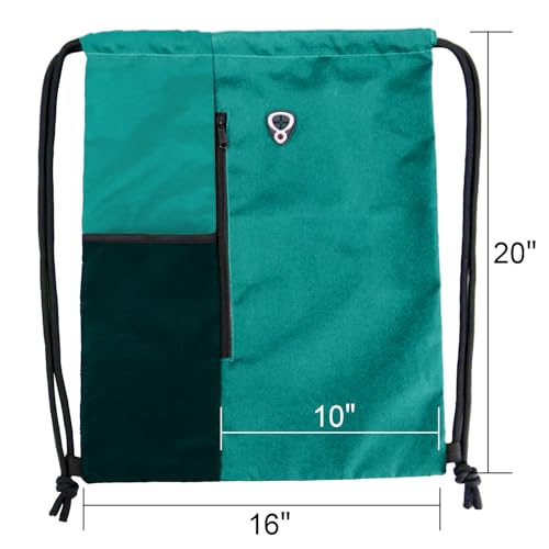 Image of BeeGreen Marrs Green Drawstring Backpack Gym Bag For Men & Women - Sports Sackpack with Mesh Water Bottle Holder & 2 Zippered Pockets - Large 16x20 Inch Cinch String Backpack