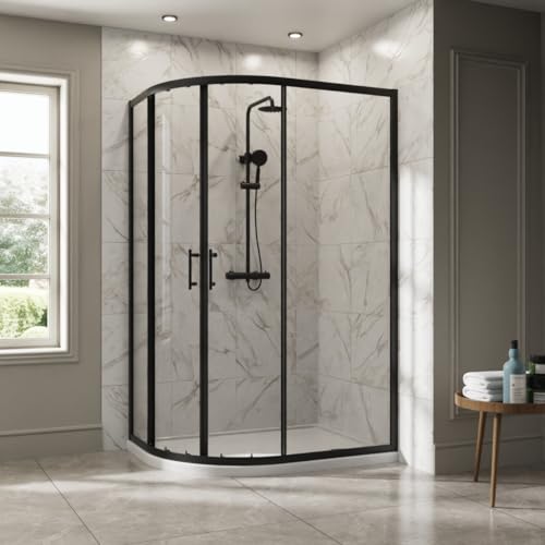 NRG 1200 x 900mm Matte Black Framed Offset Quadrant Shower Enclosure Sliding Door for Wet Room Cubicle Enclosures