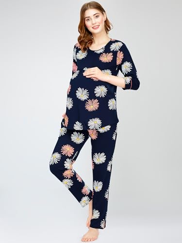 Image of ZEYO Cotton Blend Women's Cotton Floral Printed Nursing & Maternity Night Suit Set Of Top & Relaxed Pyjama Feeding Night Dress 5804