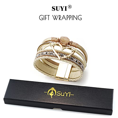 Suyi Multilayer Leather Wrap Bracelet Wide Cuff Bracelets For Women Girls Heart-Shape Khaki #TOP6