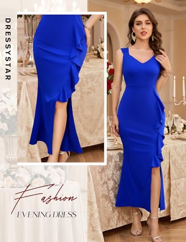 Image of Dressystar 2026 Women's V Neck Bodycon Mermaid Formal Evening Maxi Dress | Summer Wedding Guest,Cocktail Dresses for Women,Long Gown,Mermaid Split Ruffle Design ,Sleeveless,comfort and medium stretch