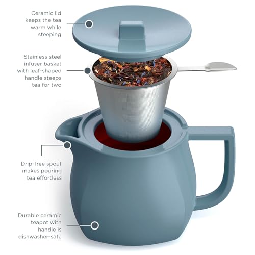 Image of Tea Forte Ceramic Teapot with Infuser, Stone Blue, 24 oz | Light Blue Ceramic Teapot & Lid - Stainless Steel Loose Leaf Tea Infuser - Microwave & Dishwasher Safe