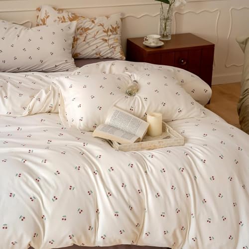 Image of Cherry Duvet Cover Queen Size Red Cherry on White Bedding Set with Zipper Closure 3 Pieces Kids Girls Cherry Pattern Soft Microfiber Comforter Cover Set with 2 Pillowcases