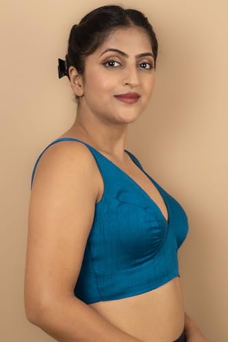 Image of FIGURE'S DESIGNER Women's Dupion Raw Silk Sleeveless V Neck Sabyasachi Cut Readymade Saree Blouse Padded Stitched S4