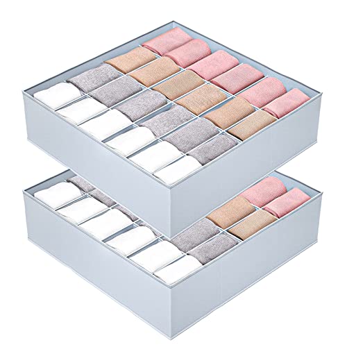 hinrey 2Pcs Boîte de Rangement Pliable et Lavable, Organisateur de Tiroir en Tissu Oxford pour Chaussettes/Collants/Cravate/Foulard, Rangement sous Vêtement à 24 Compartiments-Gris Clair