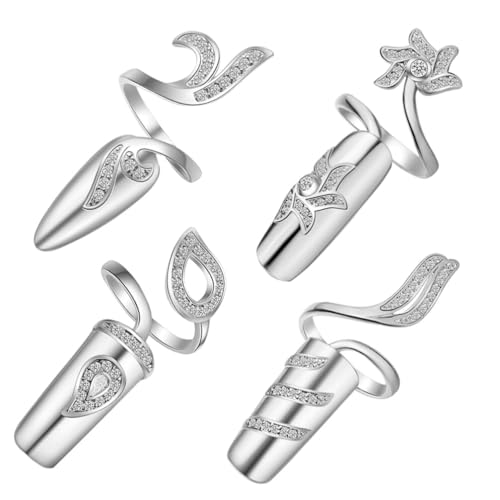 PATKAW Inlay-Kristall-Dekoration Für Fingernägel: 4 Stück Offene Fingernagelringe Für Damen Dekorativ Für Nägel – Ringe Aus Strass-Legierung – Verstellbare Öffnung Zum Schutz Der