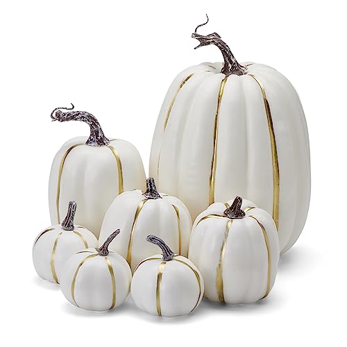 Michellecmm 7 Pcs Artificial Fall Pumpkins Orange White Pumpkins Fall Harvest Decoration for Halloween Thanksgiving Decor (White Gold, One Size)