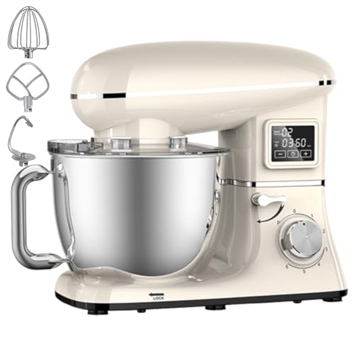 Electric Stand Mixer with 6 Speeds, 1600W Power, Tilt-Head Design, Includes Stainless Steel Bowl, Beater, Dough Hook, Whisk, and Digital LED Screen for Home Baking