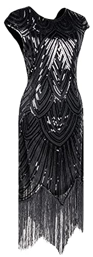 Letter Love Women 1920s Vintage Flapper Fringe Beaded Gatsby Party Dress With 20s Accessories Set (M, Black) - Thumbnail 2