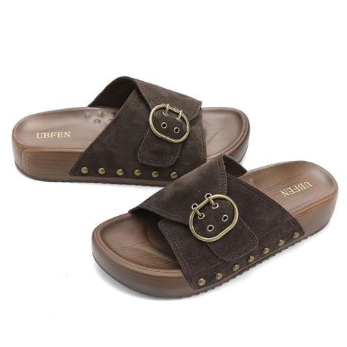 UBFEN Womens Platform Sandals Slides Genuine Leather Adjustable Buckle and Cushion Footbed Comfortable Slip On Retro Shoes2