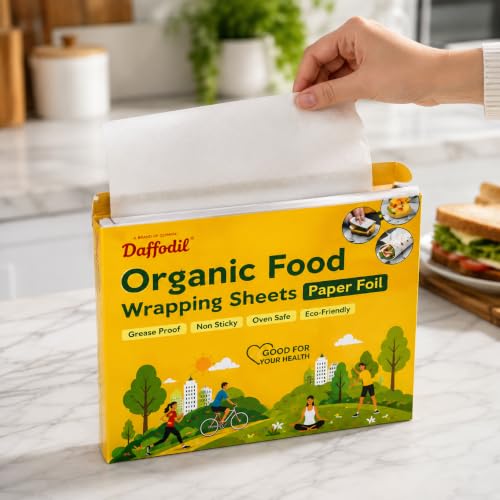 Image of DAFFODIL Organic Food Wrapping Paper Sheets Set of 100 | 25 x 30 CM Pre-Cut Food Safe Butter Paper | Grease Resistant, Non-Stick Food Wrap for Roti, Sandwich, Burger, Paratha, Snacks & Lunch Packing