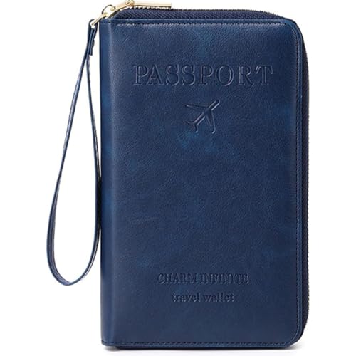 Rowgins RFID Blocking Passport Holder Wallet Travel Essentials Organizer with Multi-Functional Card Slots & Wrist Strap for Women Men (Ocean Blue)