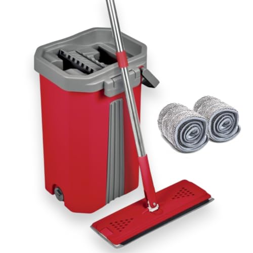 Balai Serpillière Mop Compact Malin – Kit Complet de Nettoyage avec Seau 2 Compartiments Nettoyer / Essorer – Manche 141 cm, Lingettes et Tête Plate et...