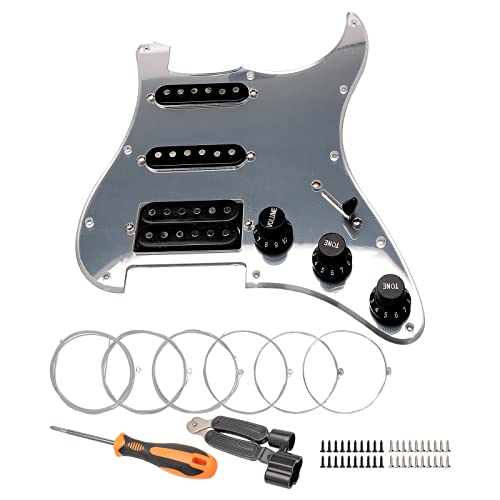 Unxuey 11 Hole Loaded Guitar Pickguard SSH with Black Pickup Humbucker Prewired Scratch Plate Set for Fender Strat,1 Ply Mirror Silver,with Guitar Strings and Installation Tool