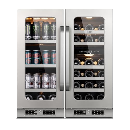 Image of Wine and Beverage Refrigerator, 30 inch Dual Zone Under Counter Wine Beverage Cooler Built-In or Freestanding Wine Fridge with Glass French Door Holds 80 Can & 29 Bottle