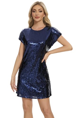 Image of Women's Crewneck Sequin Shift Dress Short Sleeve Casual Holiday Sparkly Party Dress