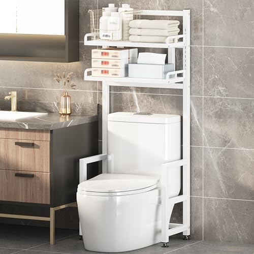 Adjustable Carbon Steel 1/2/3 Tier Over Toilet Storage Rack, White Bathroom Organizer with Easy Access Shelves, Stable Load-Bearing, 47x25x164cm, Perfect for Small Spaces