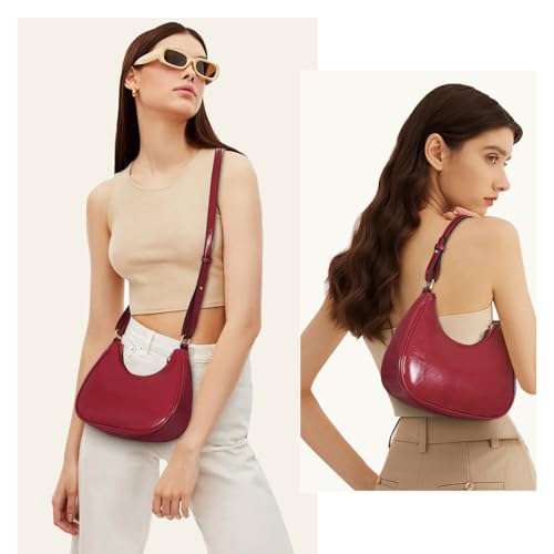 Image of Crescent Shoulder Bag Purse for Women Red Bag Faux Leather Hobo Handbag Solid Color Half Moon Crossbody Purse