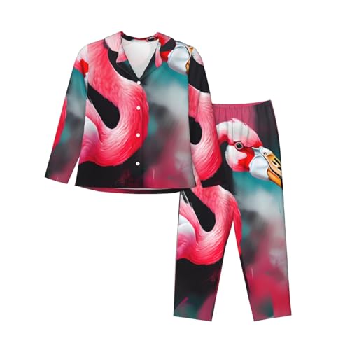 Pyjama 2 pièces pour femme vêtement de nuit manches longues imprimé rose