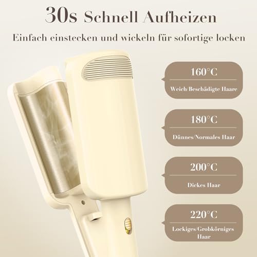 AISEELY 32mm Welleneisen für Haare,3-fach Barrel Beach Waves Lockenstab,Welleneisen Große Wellen,Einstellbare Temperatur (160°C-220°C), Hitzeschutz & Reisesicherung | Locken für alle Haartypen Beige