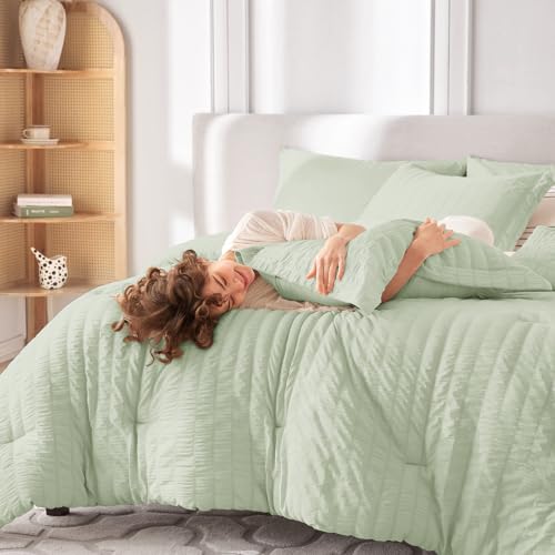 Image of MUXHOMO 7 Pieces Oversized King Comforter Set, Seersucker Bed in a Bag Oversized King Size, All Season Luxury Bedding Set with Comforter, Flat Sheet, Fitted Sheet, Pillowcases & Shams, Light Green