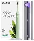 SURI Cepillo de dientes sónico sostenible, cepillo de dientes eléctrico delgado y potente, cabezal reciclable a base de plantas, 2 modos, incluye funda de limpieza LED UV, montaje en espejo y soporte