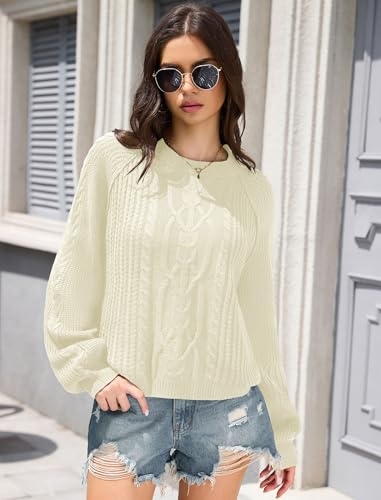 ZAFUL Women's Cable Knit Sweaters 2025 Crewneck Long Lantern Sleeve Pullover Ribbed Knitted Tops4