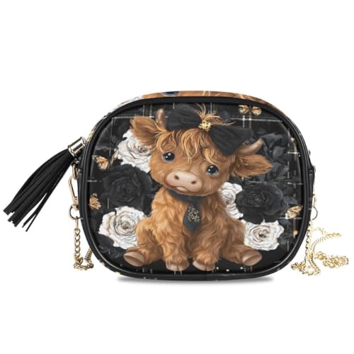 Image of ALAZA Women's Highland Cow Rose Butterfly PU Leather Crossbody Bag Shoulder Purse with Tassel