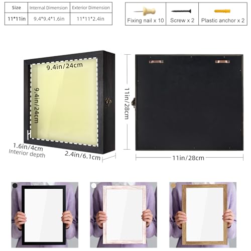 Image of TJ.MOREE Shadow Box 11x11 Memory Display Case Wooden Picture Frame Black | Fits 9.4x9.4 Inserts with Linen Back Rustic Keepsake Box with Glass for Pet Memorabilia Gifts Wedding Bouquet Military Medals
