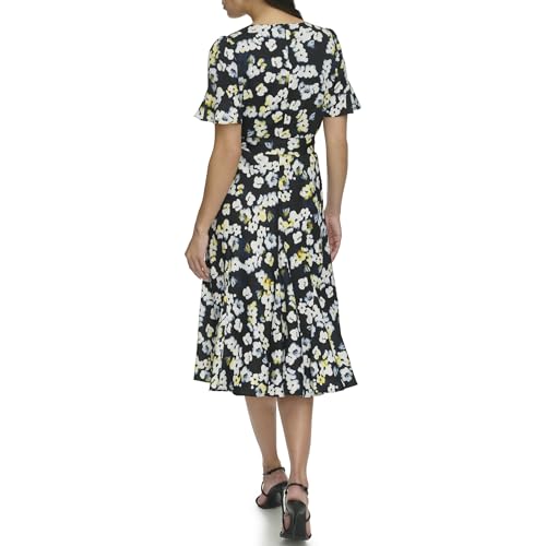 DKNY Women's Flutter Sleeve Round Neck Waist Tie Midi Dress4