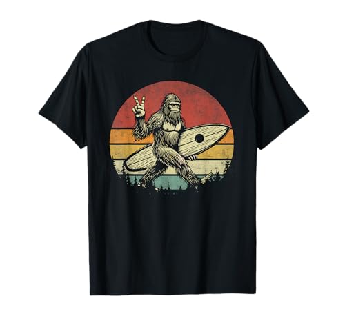 Funny Retro Bigfoot Surfer Vintage Sasquatch Surfing Bigfoot Maglietta