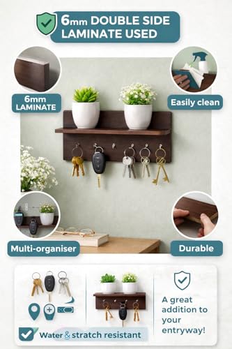 Image of CAPIO ART Wooden Key Holder for Wall with Shelf, Dark Walnut Finish | 6 Hooks, Wall Mounted, 9 x 6 Inch, Multipurpose Organizer