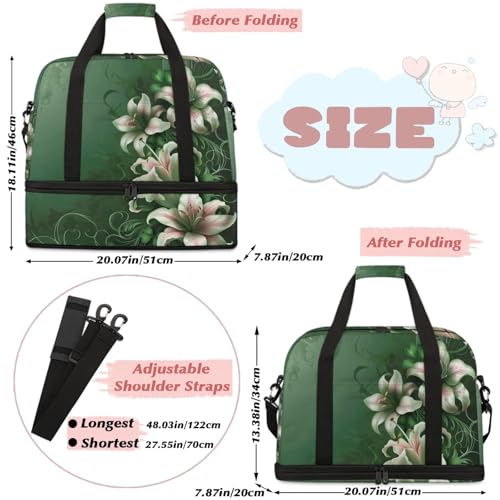 Large Weekender Overnight Bags Green Floral Flower Travel Duffel Bag for Women Men Gym Bag With Shoe Compartment Foldie Travel Tote Bag Carry On Personal Item Bag for Travel Gym Sports2
