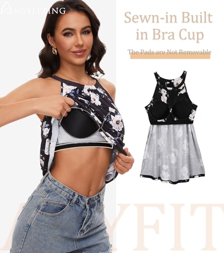 Image of Women Halter Tank Top with Built in Bra Flowy Sleevless Padded Camisole Loose Fit Summer Shirt Top S-3XL