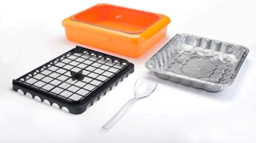Fancy Panz 2-in-1 Dress Up & Protect Your Foil Pan, Made in USA, Fits 2 size of foil pans. Foil Pan & Serving Spoon Included. Hot or Cold Food. Stackable for easy travel. BPA free (Orange)