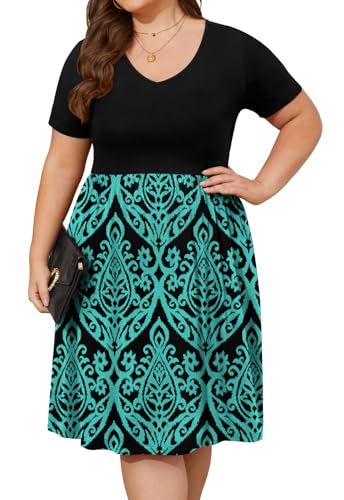 Image of DB MOON Women Plus Size Dresses 2026 Summer Casual V Neck Short Sleeve Knee Length Dress with Pockets